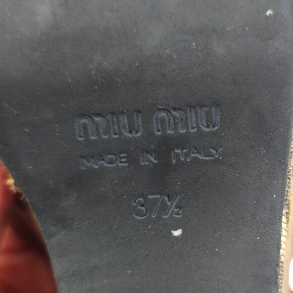 Miu Miu Women's Brown & Gold Jacquard Fabric & Leather Platform Wedge Sandals - Picture 11 of 11